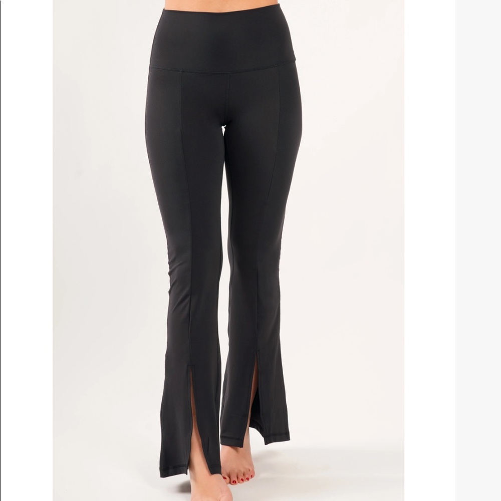 High waist flare yoga pants with a front split.